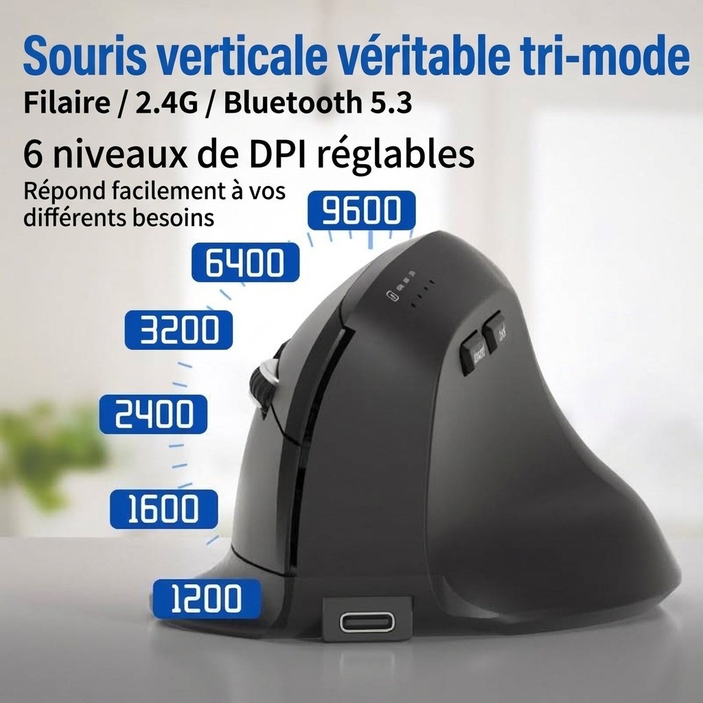 Souris sans fil verticale ergonomique, triple mode 2,4 GHz/Bluetooth 5.3/filaire, 9&nbsp;600&nbsp;dpi, clic silencieux, rechargeable - Modèle H5