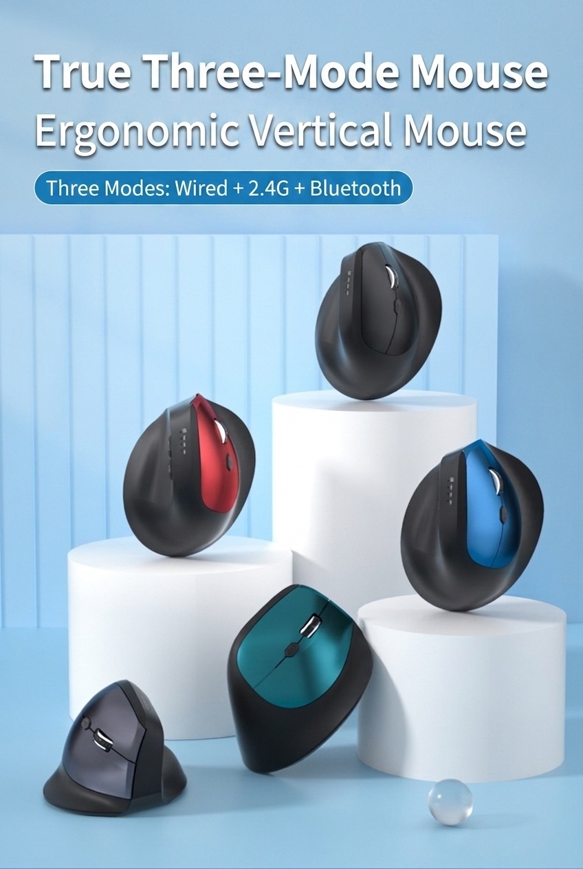 Ratón inalámbrico vertical ergonómico, triple modo 2.4G/BT 5.3/con cable, 9600 DPI, clic silencioso, recargable - Modelo H5