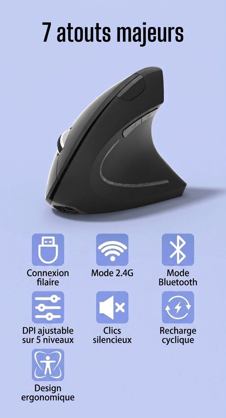 Souris verticale ergonomique, tri-mode 2,4 GHz/Bluetooth 5.3/filaire, 4 800 DPI, clic silencieux, rechargeable - Série Elite