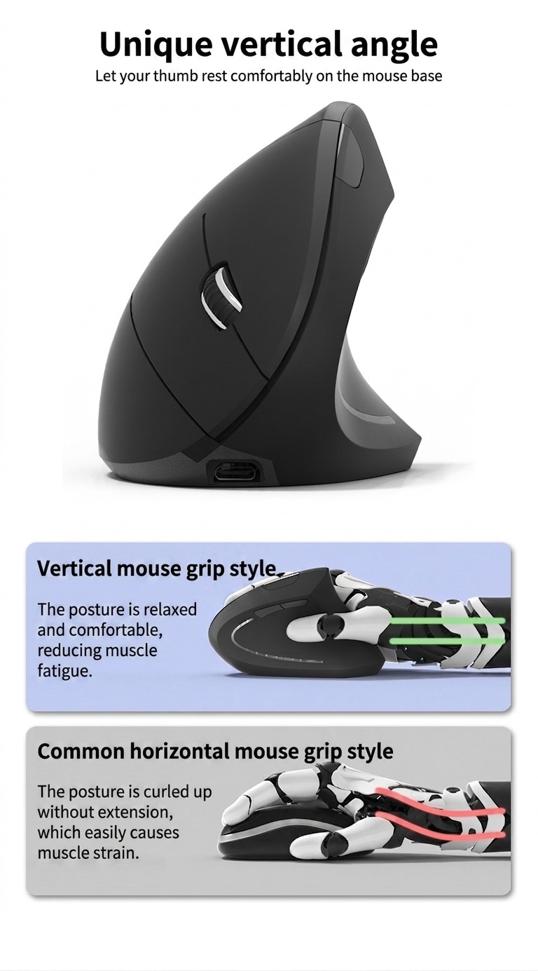 Ergonomic Vertical Mouse, Tri-Mode 2.4G/BT 5.3/Wired, 4800 DPI, Silent Click, Rechargeable - Elite Series