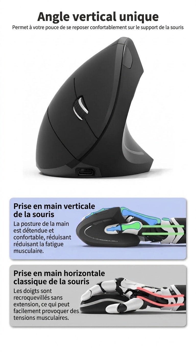 Souris verticale ergonomique, tri-mode 2,4 GHz/Bluetooth 5.3/filaire, 4 800 DPI, clic silencieux, rechargeable - Série Elite