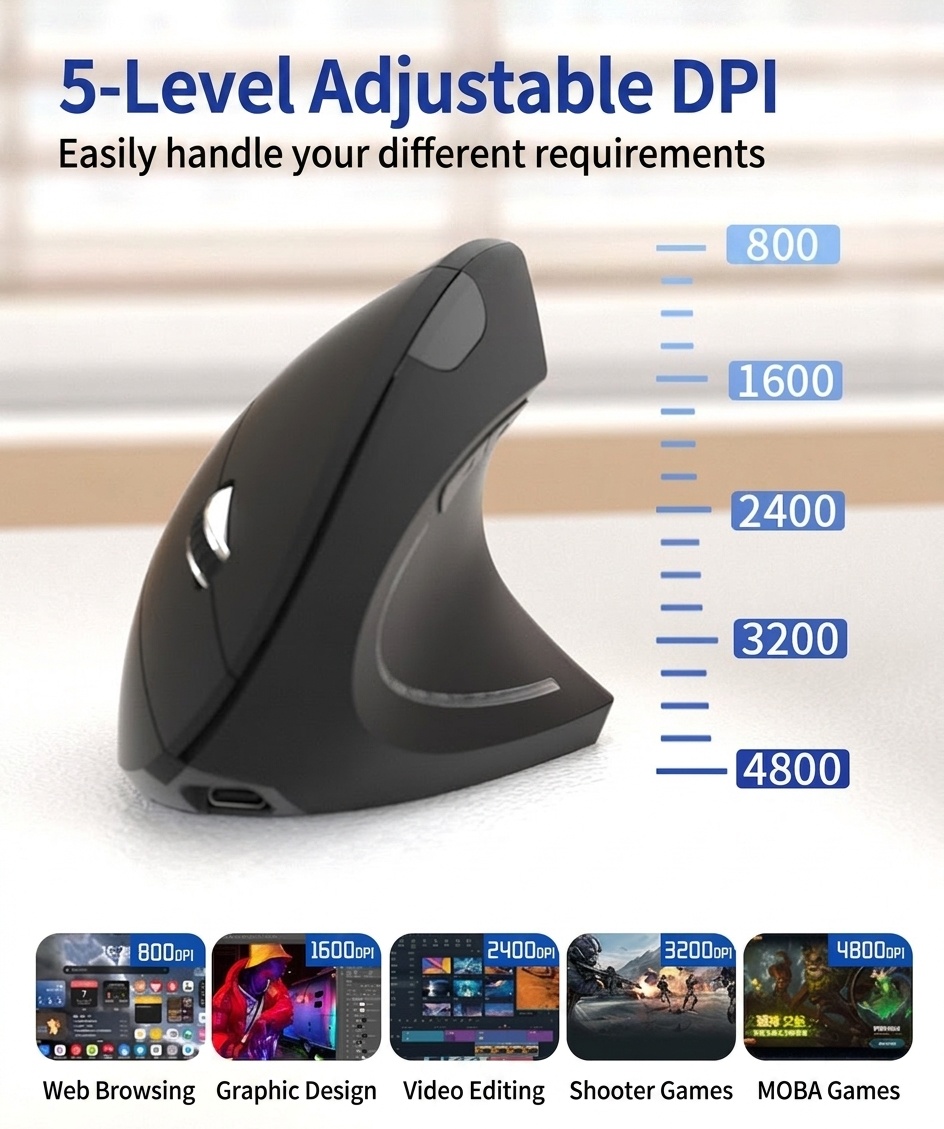 Ergonomic Vertical Mouse, Tri-Mode 2.4G/BT 5.3/Wired, 4800 DPI, Silent Click, Rechargeable - Elite Series