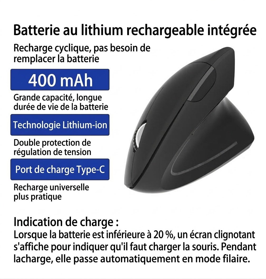 Souris verticale ergonomique, tri-mode 2,4 GHz/Bluetooth 5.3/filaire, 4 800 DPI, clic silencieux, rechargeable - Série Elite