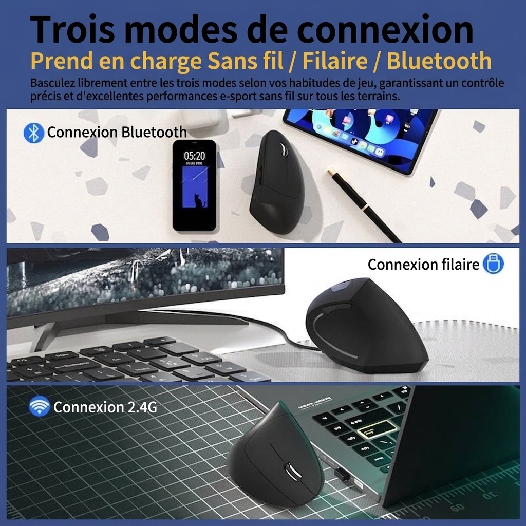 Souris verticale ergonomique, tri-mode 2,4 GHz/Bluetooth 5.3/filaire, 4&nbsp;800 DPI, clic silencieux, rechargeable - Série Elite