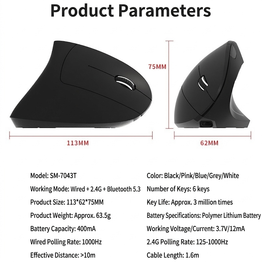 Ergonomic Vertical Mouse, Tri-Mode 2.4G/BT 5.3/Wired, 4800 DPI, Silent Click, Rechargeable - Elite Series