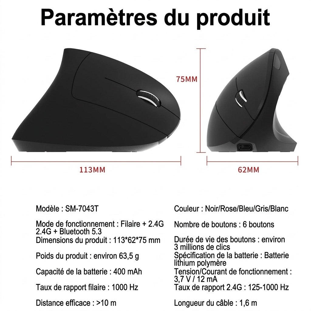 Souris verticale ergonomique, tri-mode 2,4 GHz/Bluetooth 5.3/filaire, 4 800 DPI, clic silencieux, rechargeable - Série Elite