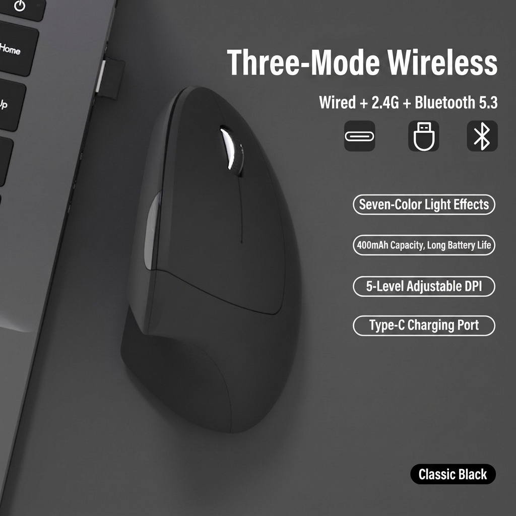 Ergonomic Vertical Mouse, Tri-Mode 2.4G/BT 5.3/Wired, 4800 DPI, Silent Click, Rechargeable - Elite Series