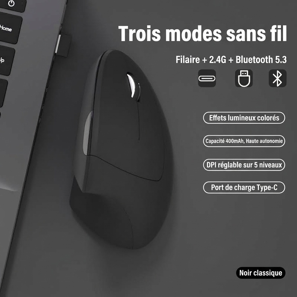 Souris verticale ergonomique, tri-mode 2,4 GHz/Bluetooth 5.3/filaire, 4&nbsp;800 DPI, clic silencieux, rechargeable - Série Elite