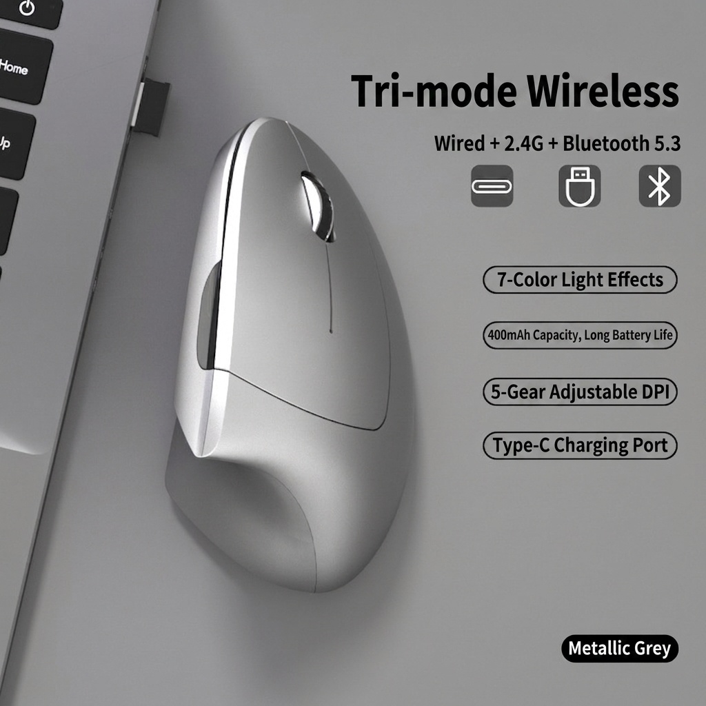 Ergonomic Vertical Mouse, Tri-Mode 2.4G/BT 5.3/Wired, 4800 DPI, Silent Click, Rechargeable - Elite Series