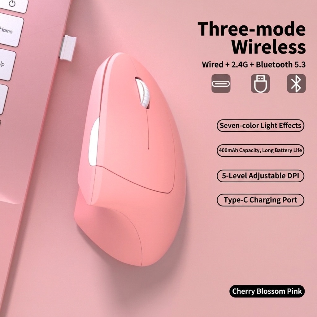 Ergonomic Vertical Mouse, Tri-Mode 2.4G/BT 5.3/Wired, 4800 DPI, Silent Click, Rechargeable - Elite Series