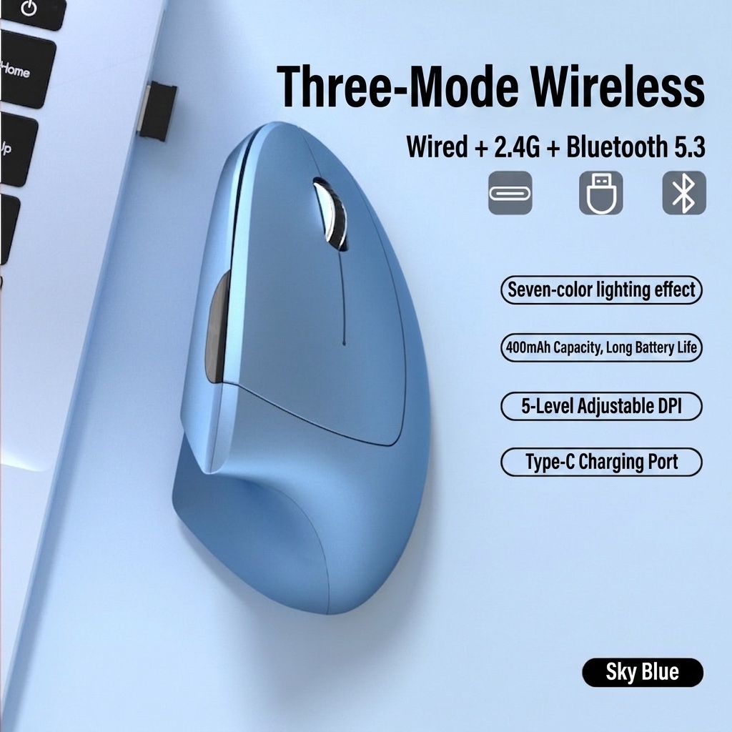 Ergonomic Vertical Mouse, Tri-Mode 2.4G/BT 5.3/Wired, 4800 DPI, Silent Click, Rechargeable - Elite Series