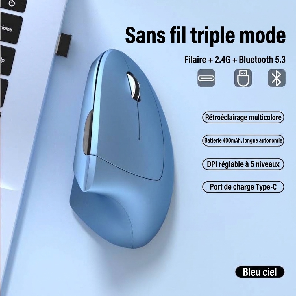 Souris verticale ergonomique, tri-mode 2,4 GHz/Bluetooth 5.3/filaire, 4&nbsp;800 DPI, clic silencieux, rechargeable - Série Elite