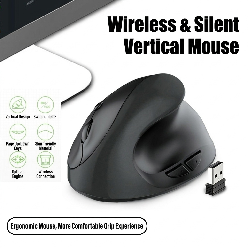 Ratón vertical ergonómico inalámbrico, conexión inalámbrica de 2,4 GHz, 1600 DPI, clic silencioso, posición natural de la mano - Modelo SM-7043
