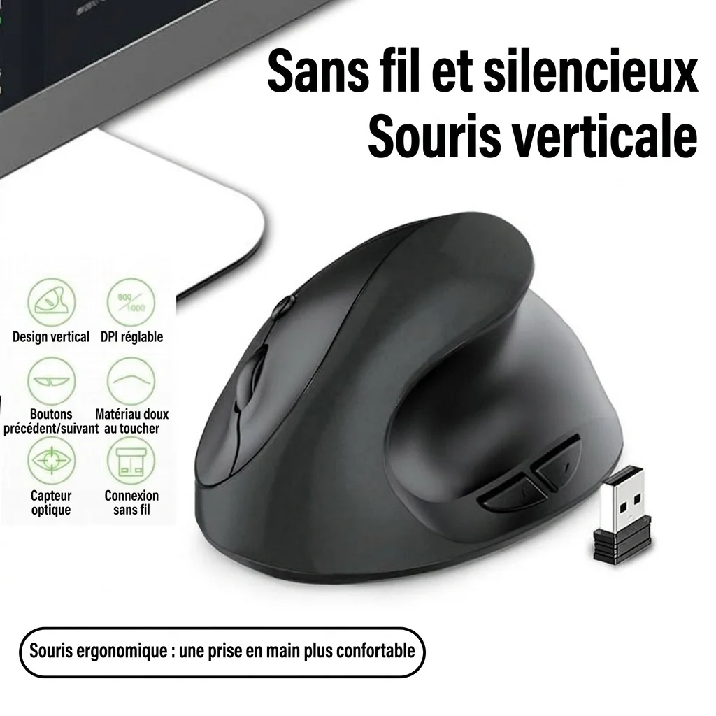 Souris sans fil verticale ergonomique, sans fil 2,4 GHz, 1600 DPI, clic silencieux, position naturelle de la main - Modèle SM-7043
