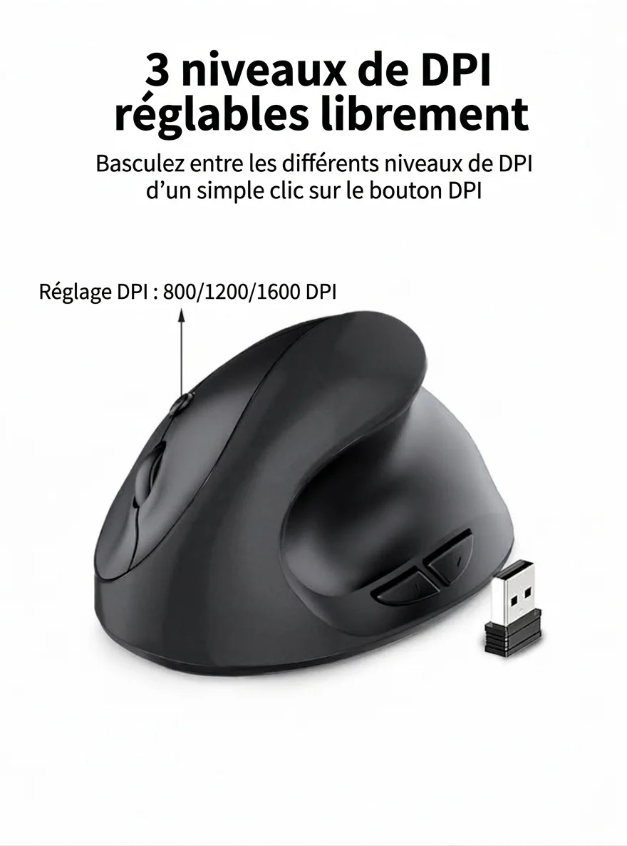Souris sans fil verticale ergonomique, sans fil 2,4 GHz, 1600 DPI, clic silencieux, position naturelle de la main - Modèle SM-7043