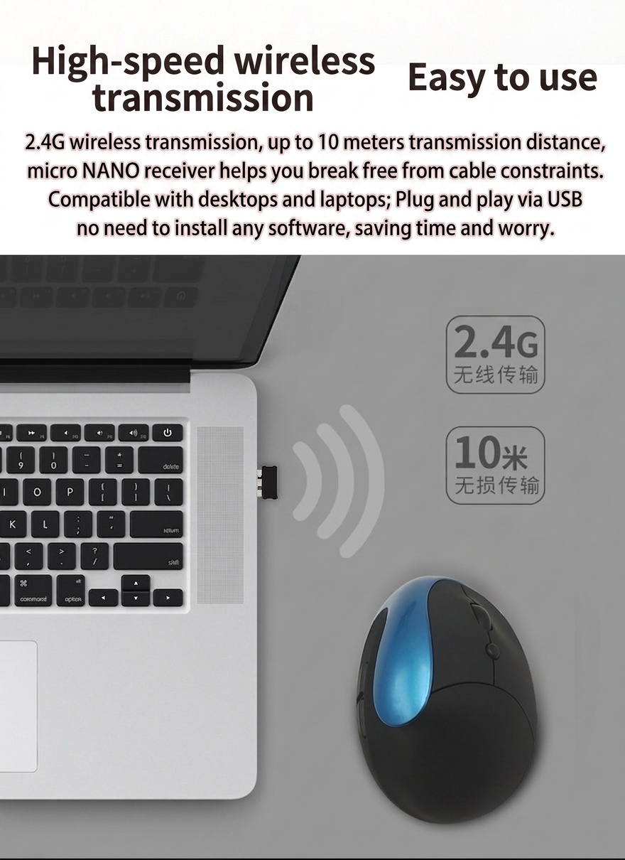 Ratón vertical ergonómico inalámbrico, conexión inalámbrica de 2,4 GHz, 1600 DPI, clic silencioso, posición natural de la mano - Modelo SM-7043