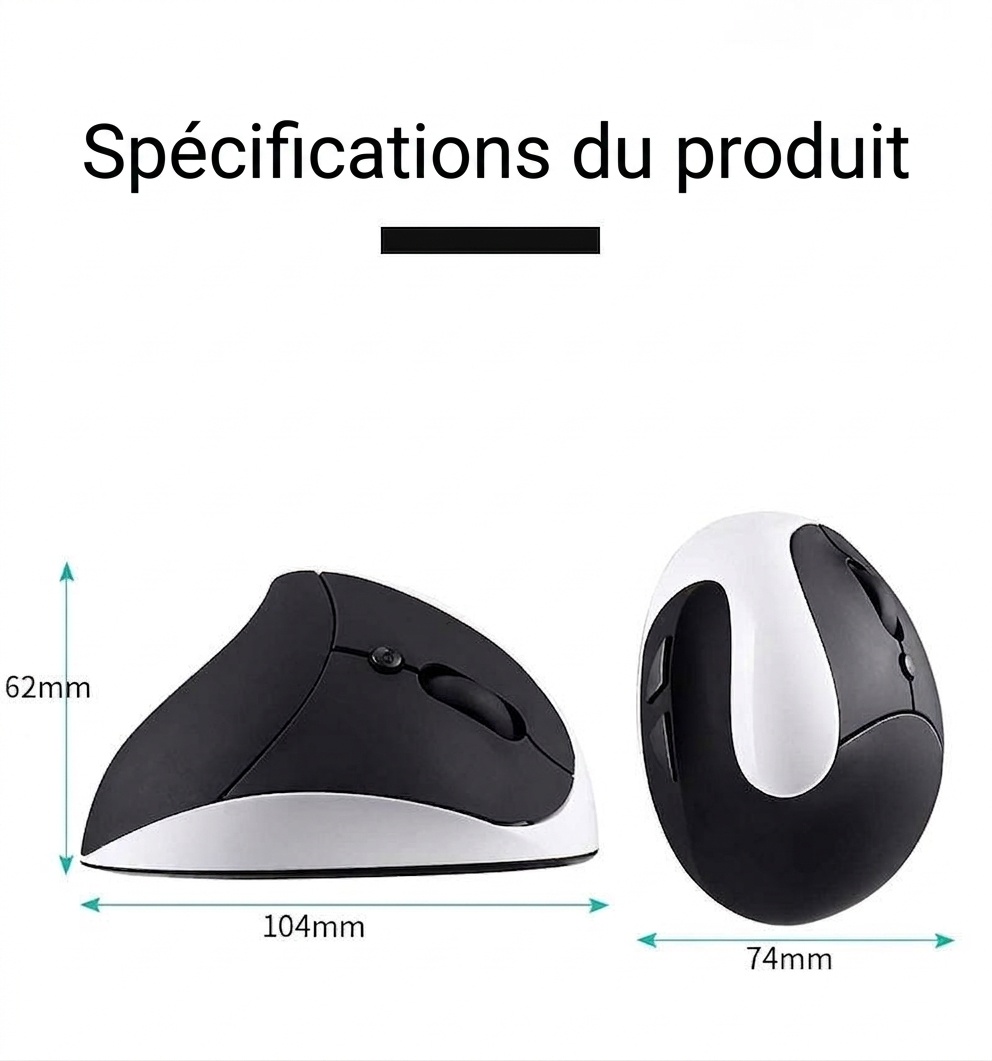 Souris sans fil verticale ergonomique, sans fil 2,4 GHz, 1600 DPI, clic silencieux, position naturelle de la main - Modèle SM-7043