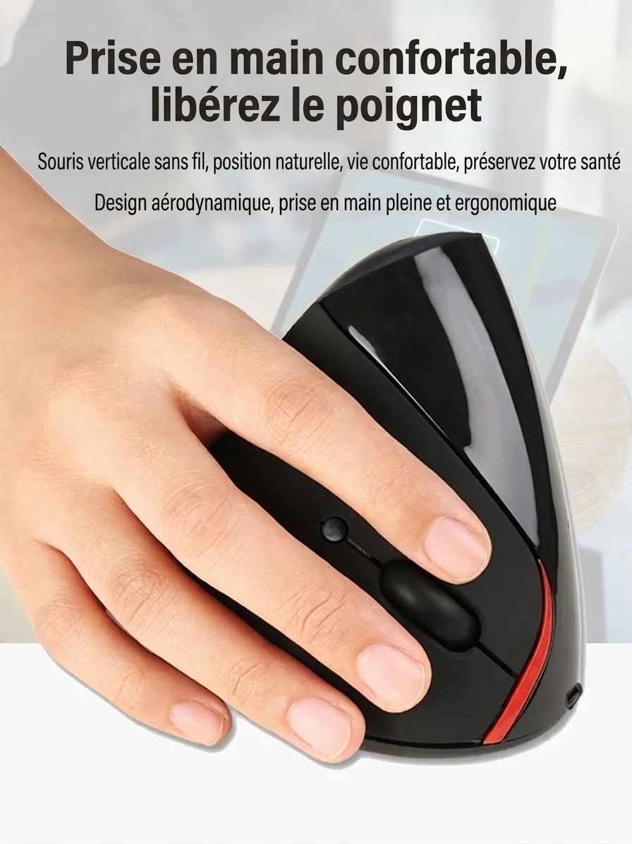 Souris sans fil verticale ergonomique, sans fil 2,4 GHz, rechargeable par USB, prise en main naturelle - Gris mystique Pro