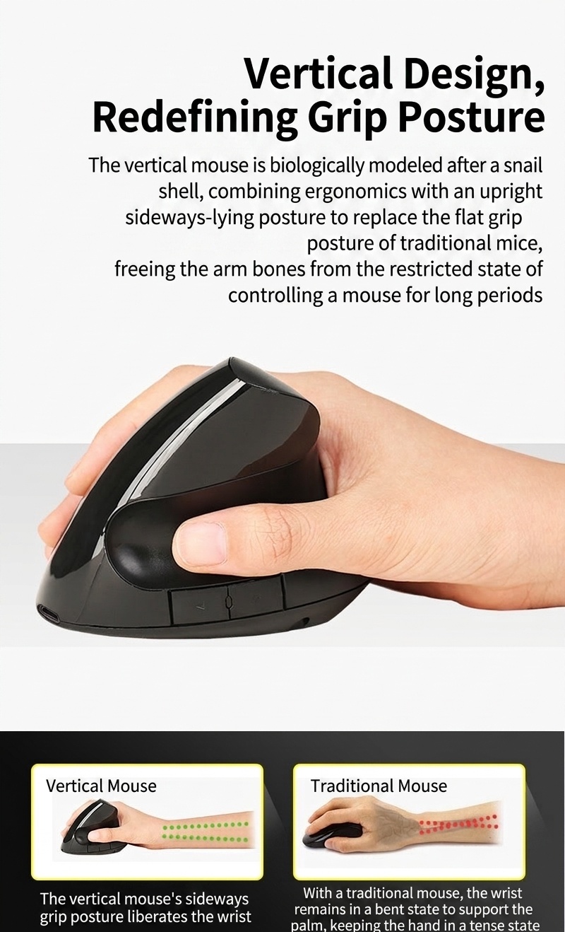 Ratón vertical ergonómico inalámbrico, inalámbrico 2.4G, recargable por USB, agarre natural - Gris místico Pro