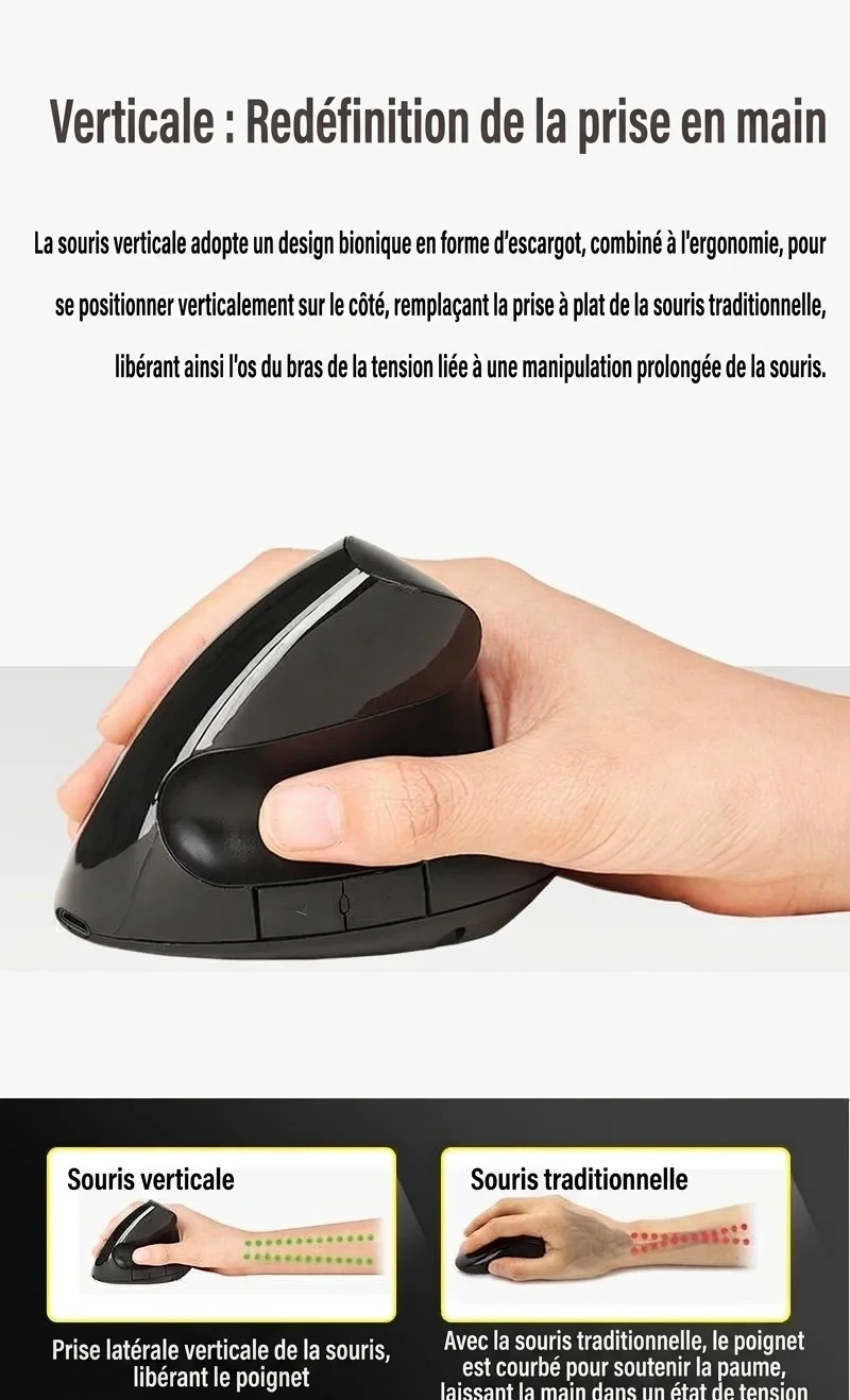 Souris sans fil verticale ergonomique, sans fil 2,4 GHz, rechargeable par USB, prise en main naturelle - Gris mystique Pro