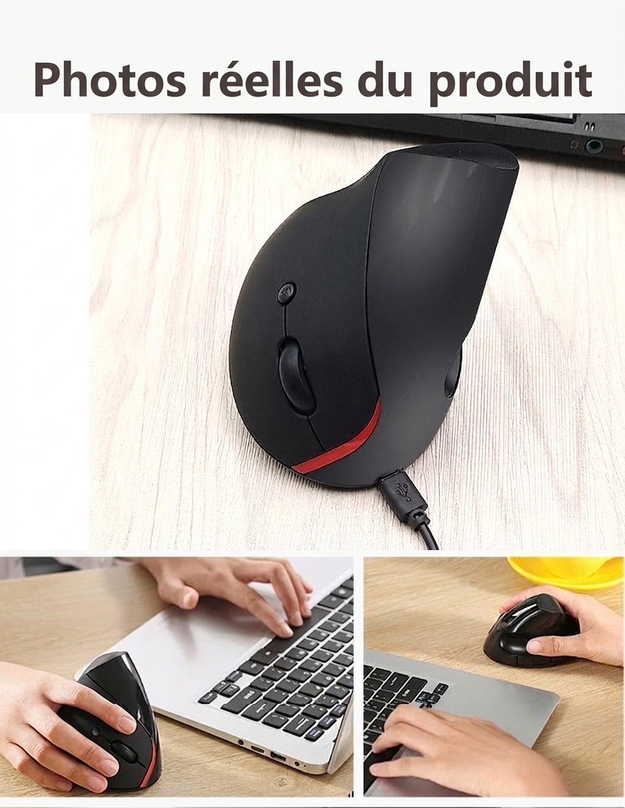 Souris sans fil verticale ergonomique, sans fil 2,4 GHz, rechargeable par USB, prise en main naturelle - Gris mystique Pro