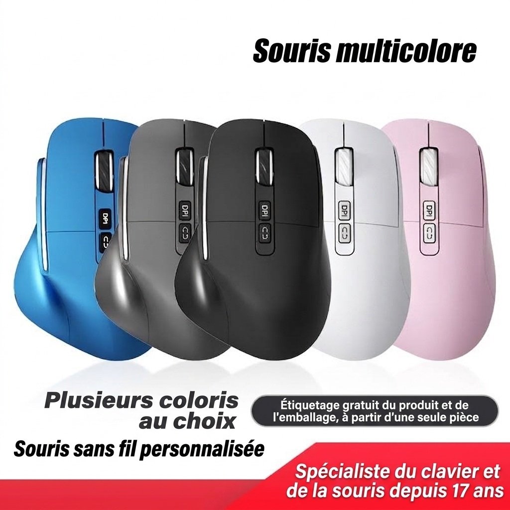 Souris verticale sans fil ergonomique, multimode BT 5.3/2.4G/filaire, éclairage RVB, 5 niveaux de DPI - Modèle H5 Pro