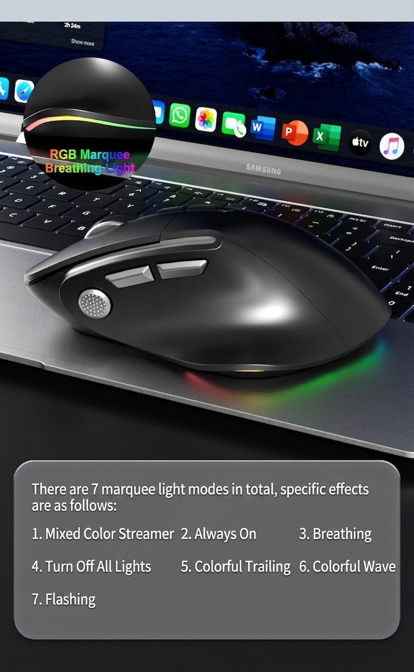 Ergonomic Wireless Vertical Mouse, Multi-Mode BT 5.3/2.4G/Wired, RGB Lighting, 5-Level DPI - Model H5 Pro