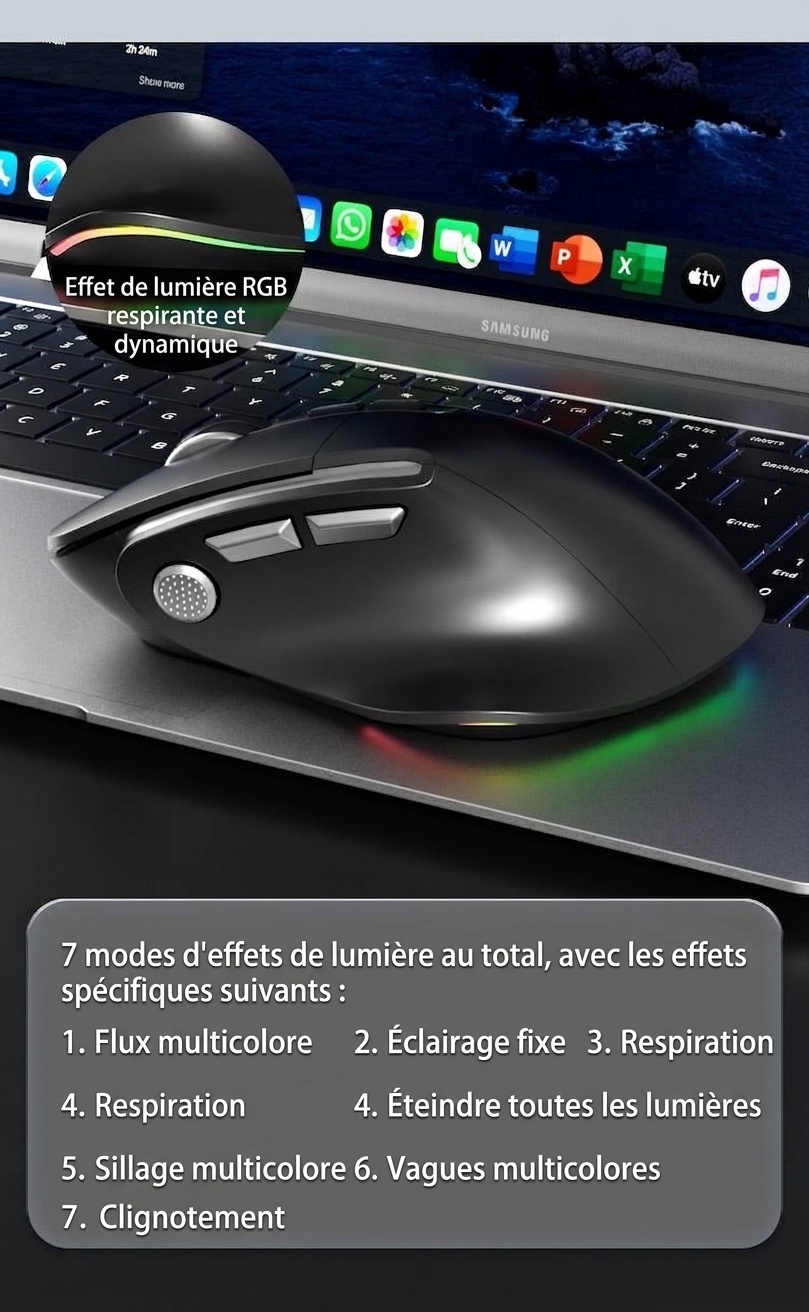 Souris verticale sans fil ergonomique, multimode BT 5.3/2.4G/filaire, éclairage RVB, 5 niveaux de DPI - Modèle H5 Pro
