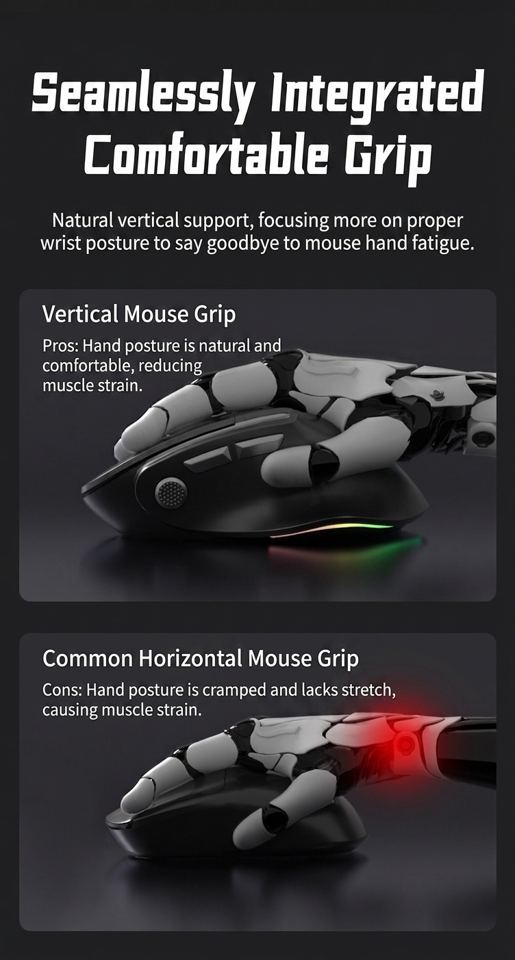 Ergonomic Wireless Vertical Mouse, Multi-Mode BT 5.3/2.4G/Wired, RGB Lighting, 5-Level DPI - Model H5 Pro