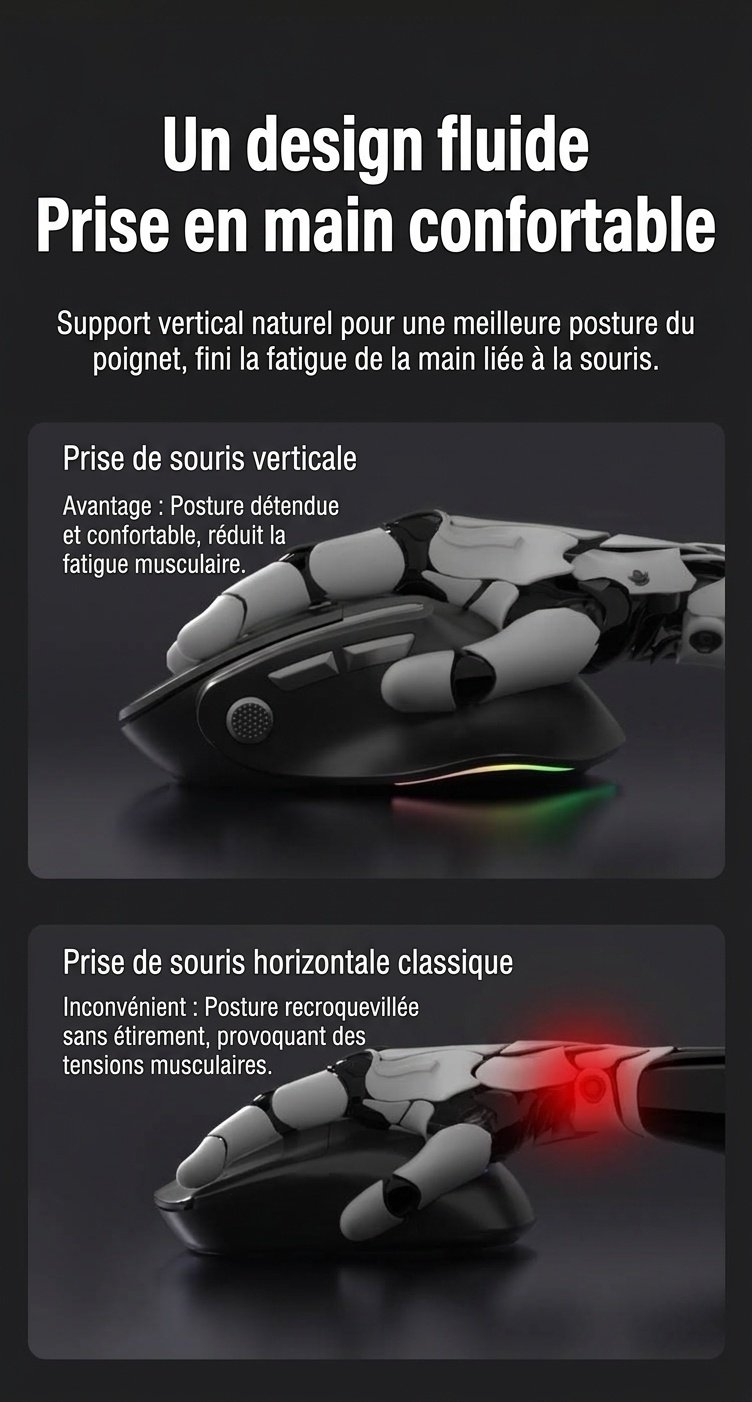 Souris verticale sans fil ergonomique, multimode BT 5.3/2.4G/filaire, éclairage RVB, 5 niveaux de DPI - Modèle H5 Pro
