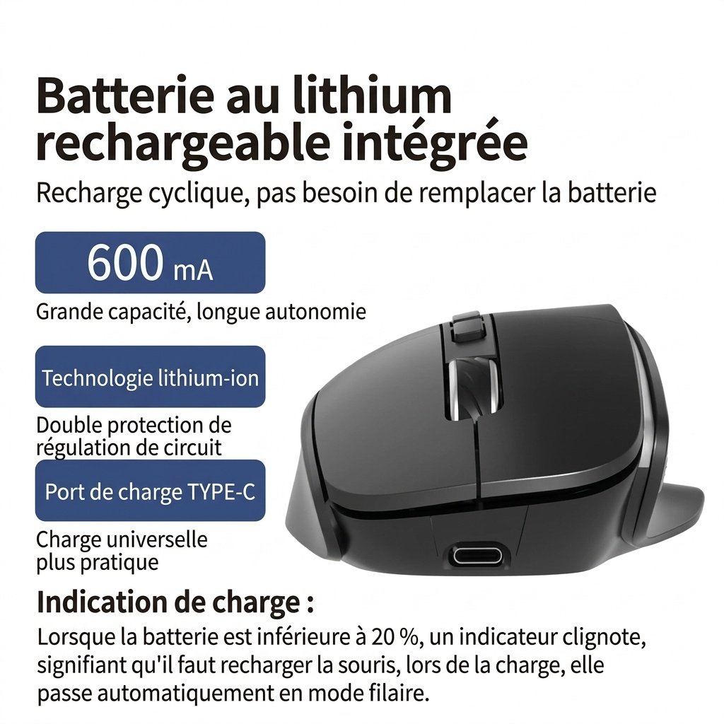 Souris verticale sans fil ergonomique, multimode BT 5.3/2.4G/filaire, éclairage RVB, 5 niveaux de DPI - Modèle H5 Pro