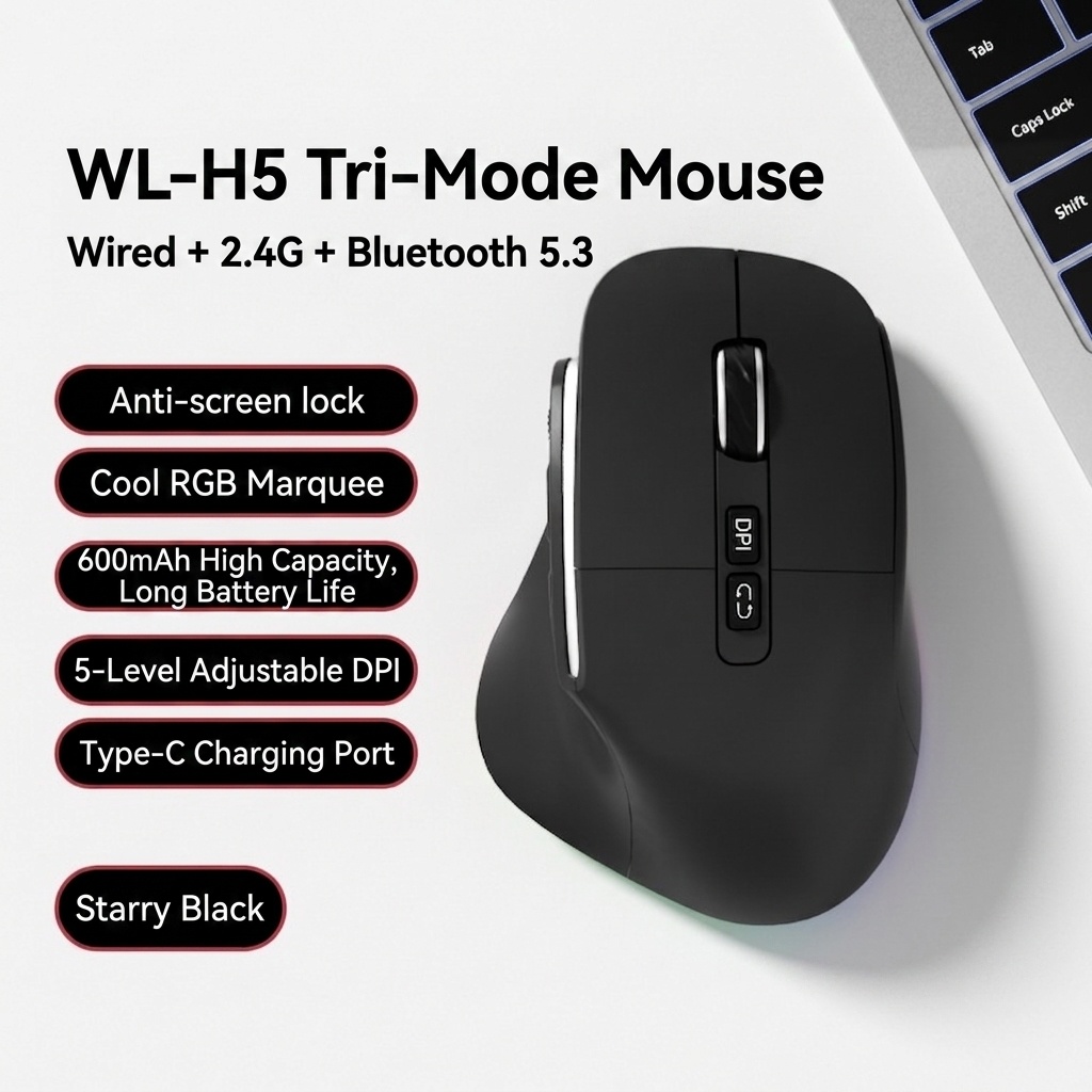 Ergonomic Wireless Vertical Mouse, Multi-Mode BT 5.3/2.4G/Wired, RGB Lighting, 5-Level DPI - Model H5 Pro