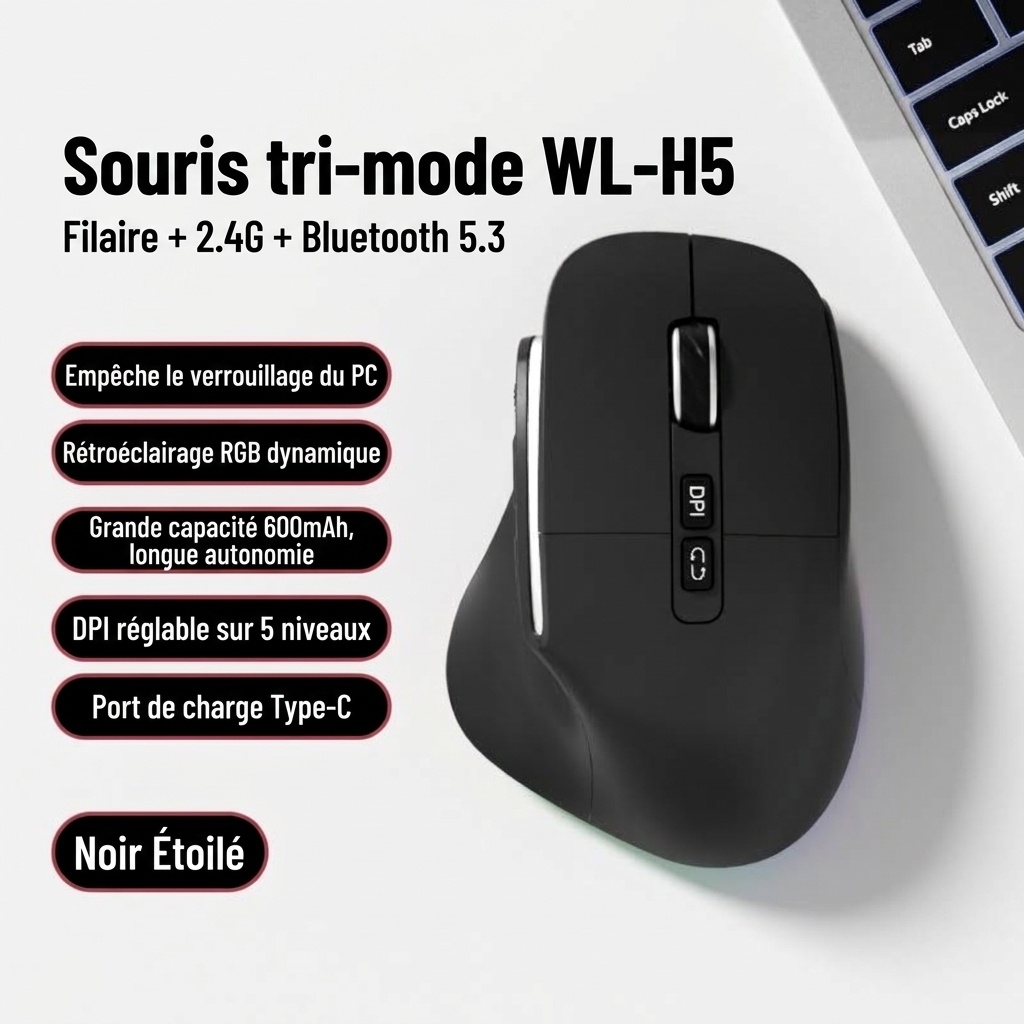Souris verticale sans fil ergonomique, multimode BT 5.3/2.4G/filaire, éclairage RVB, 5 niveaux de DPI - Modèle H5 Pro