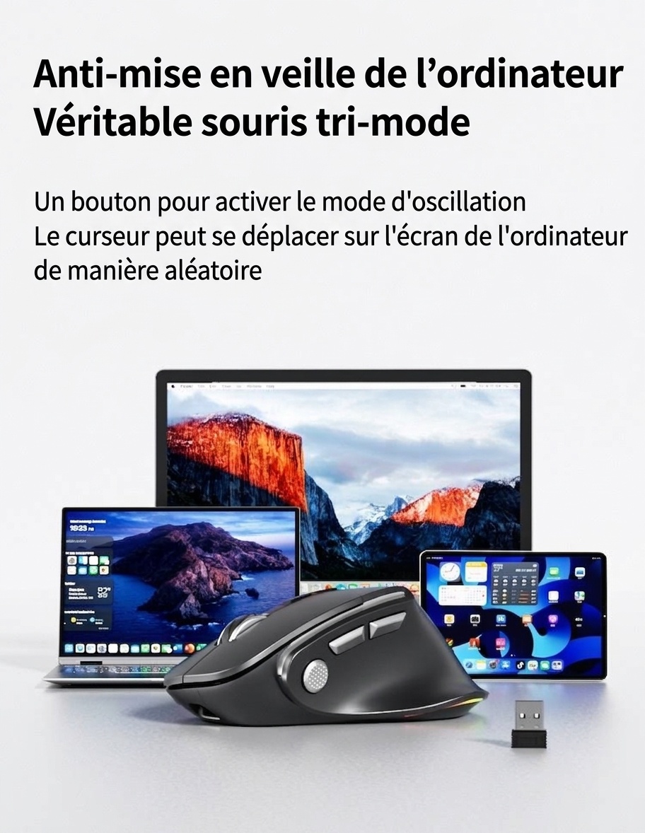Souris verticale sans fil ergonomique, multimode BT 5.3/2.4G/filaire, éclairage RVB, 5 niveaux de DPI - Modèle H5 Pro