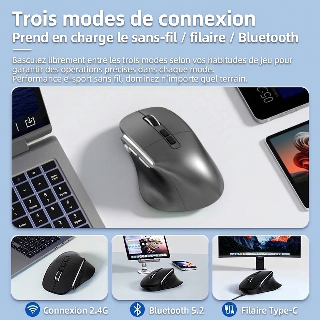 Souris verticale sans fil ergonomique, multimode BT 5.3/2.4G/filaire, éclairage RVB, 5 niveaux de DPI - Modèle H5 Pro