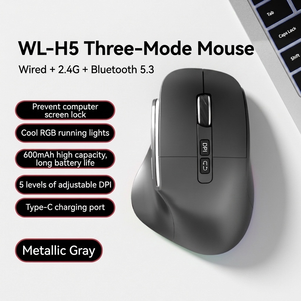 Ergonomic Wireless Vertical Mouse, Multi-Mode BT 5.3/2.4G/Wired, RGB Lighting, 5-Level DPI - Model H5 Pro
