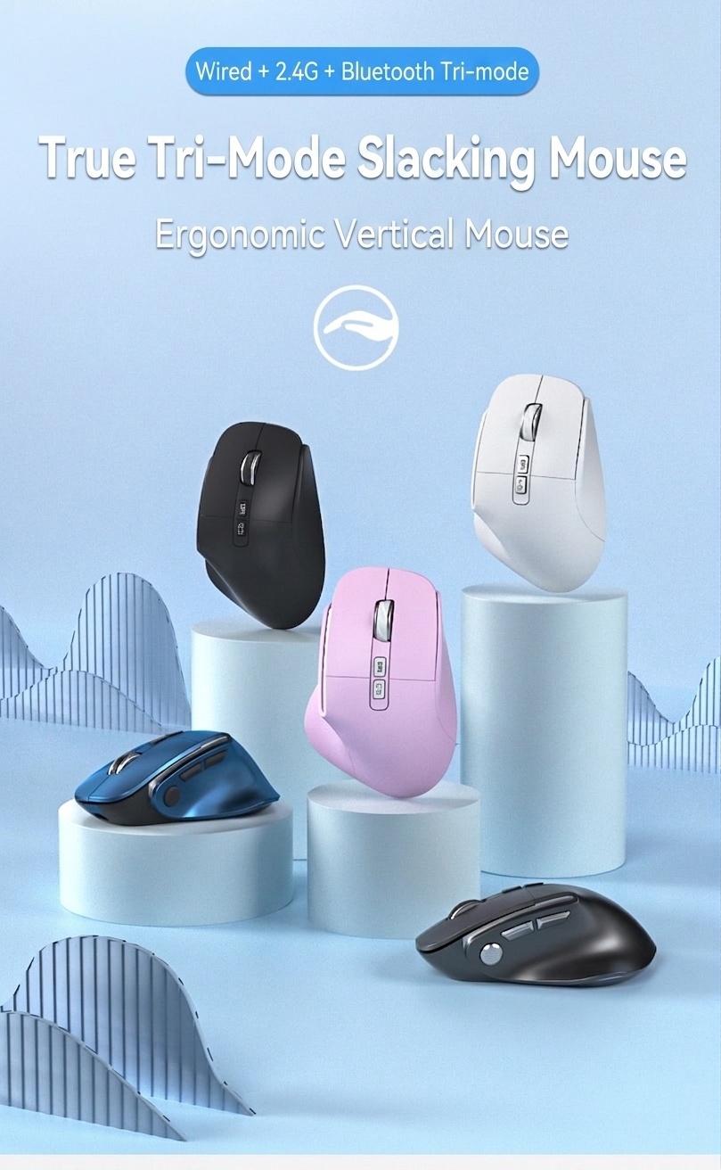 Ergonomic Wireless Vertical Mouse, Multi-Mode BT 5.3/2.4G/Wired, RGB Lighting, 5-Level DPI - Model H5 Pro
