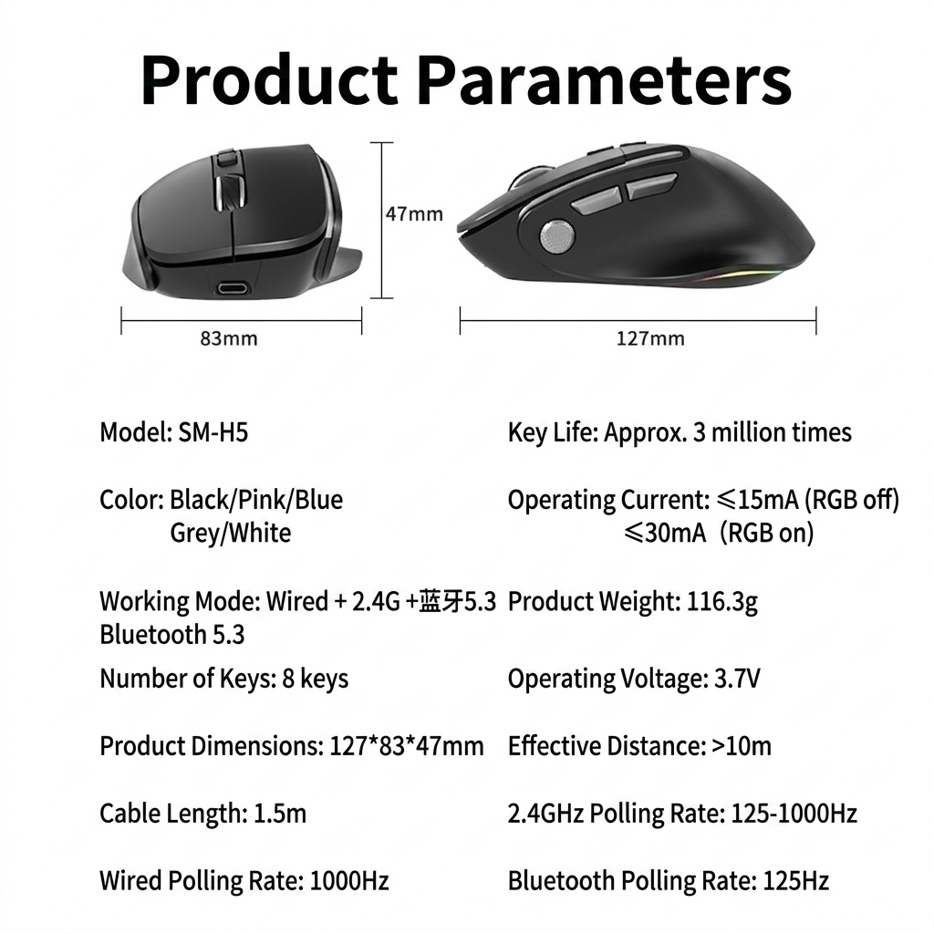 Ergonomic Wireless Vertical Mouse, Multi-Mode BT 5.3/2.4G/Wired, RGB Lighting, 5-Level DPI - Model H5 Pro