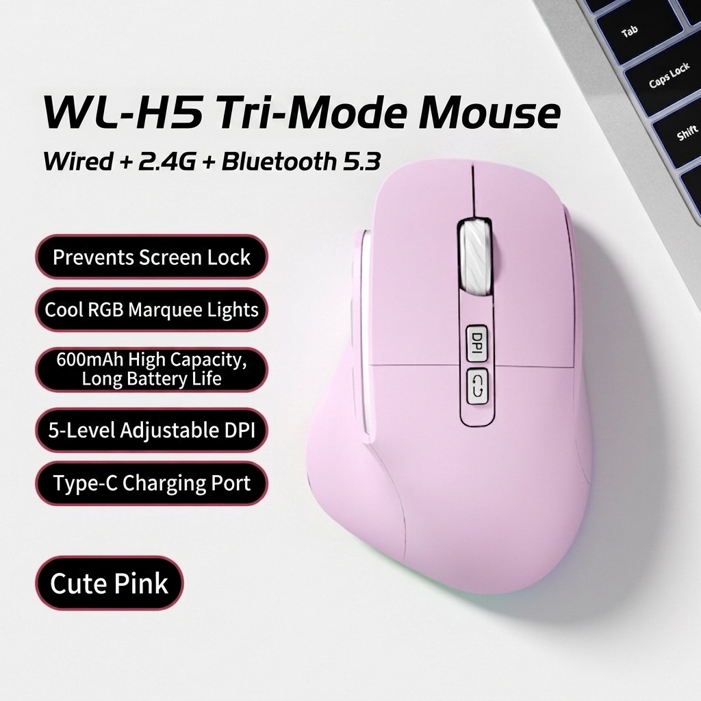 Ergonomic Wireless Vertical Mouse, Multi-Mode BT 5.3/2.4G/Wired, RGB Lighting, 5-Level DPI - Model H5 Pro