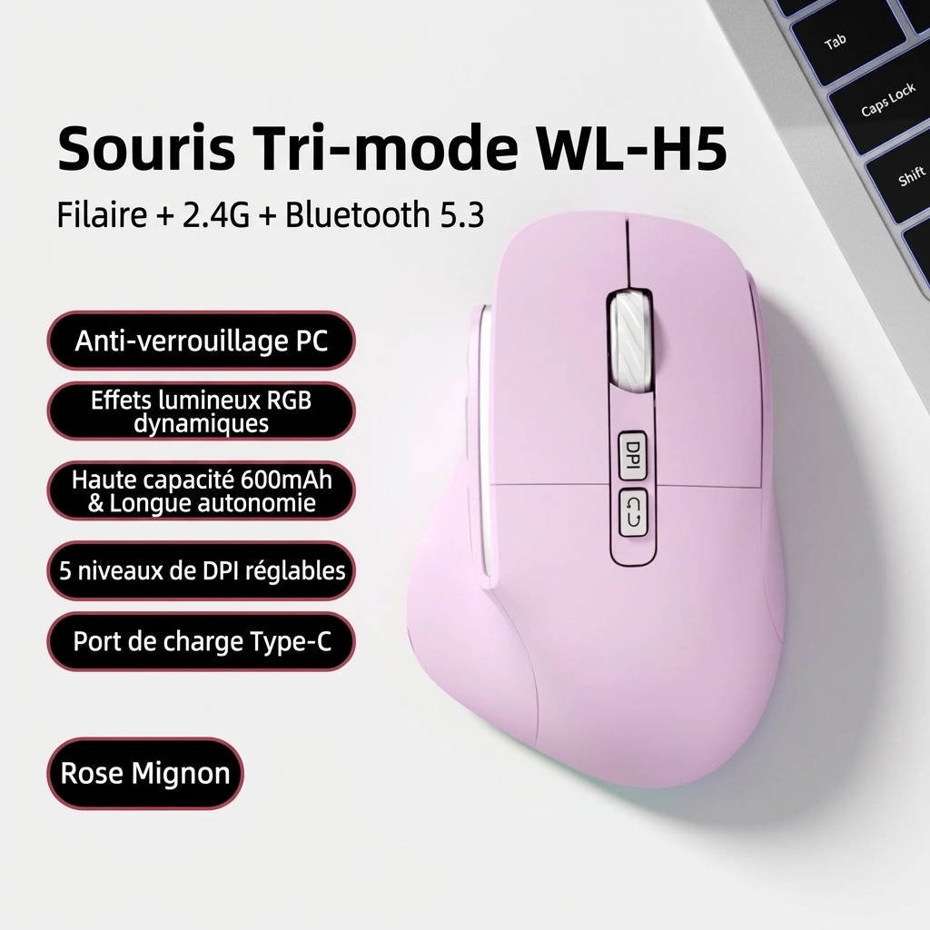 Souris verticale sans fil ergonomique, multimode BT 5.3/2.4G/filaire, éclairage RVB, 5 niveaux de DPI - Modèle H5 Pro