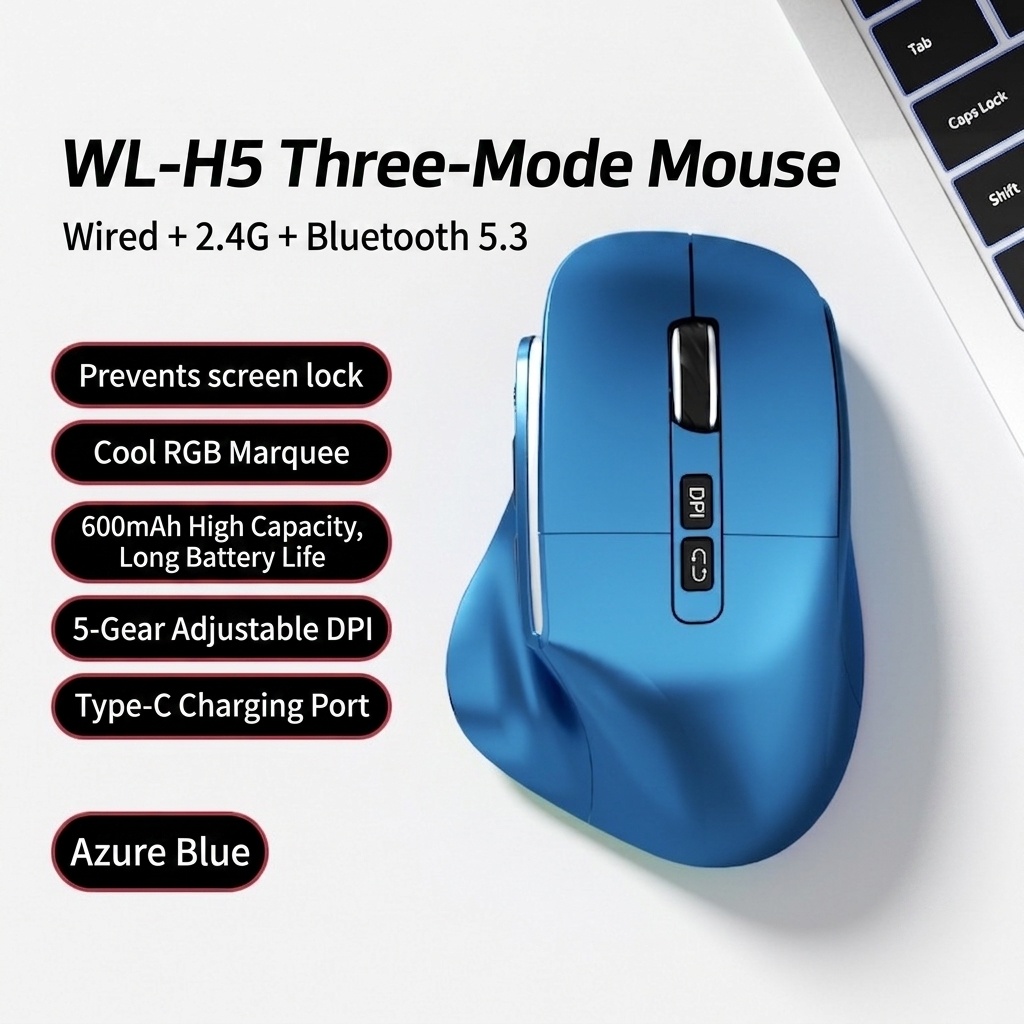 Ergonomic Wireless Vertical Mouse, Multi-Mode BT 5.3/2.4G/Wired, RGB Lighting, 5-Level DPI - Model H5 Pro