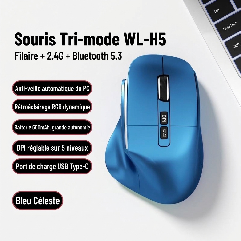 Souris verticale sans fil ergonomique, multimode BT 5.3/2.4G/filaire, éclairage RVB, 5 niveaux de DPI - Modèle H5 Pro