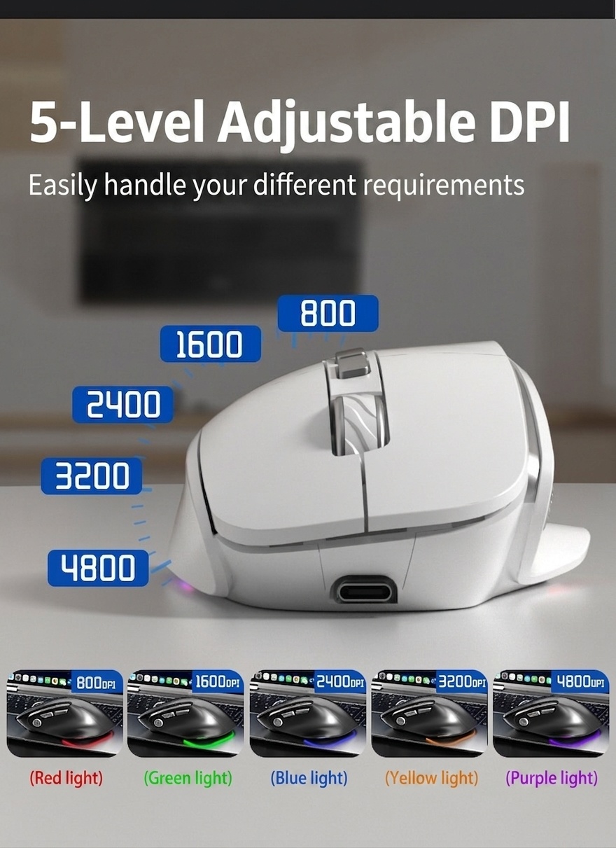 Ergonomic Wireless Vertical Mouse, Multi-Mode BT 5.3/2.4G/Wired, RGB Lighting, 5-Level DPI - Model H5 Pro