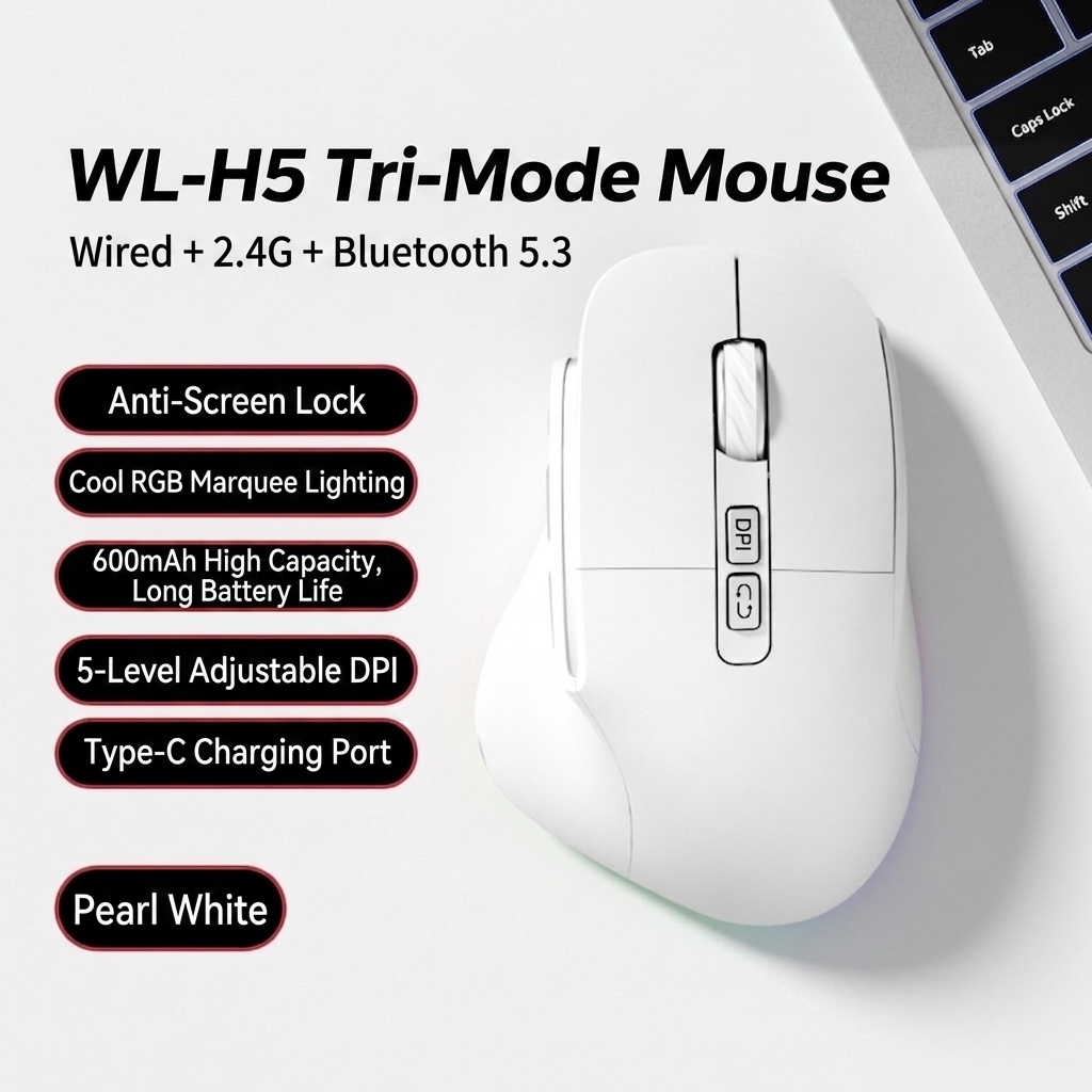 Ergonomic Wireless Vertical Mouse, Multi-Mode BT 5.3/2.4G/Wired, RGB Lighting, 5-Level DPI - Model H5 Pro