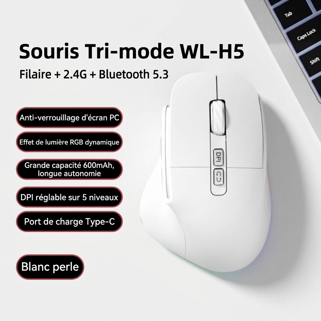Souris verticale sans fil ergonomique, multimode BT 5.3/2.4G/filaire, éclairage RVB, 5 niveaux de DPI - Modèle H5 Pro