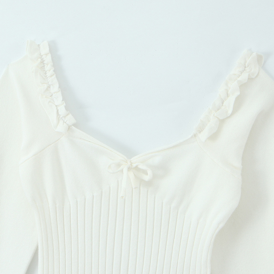 Ribbed Knit Top - Women's Tie-Front Ruffle Trim Sweater KUN-00095