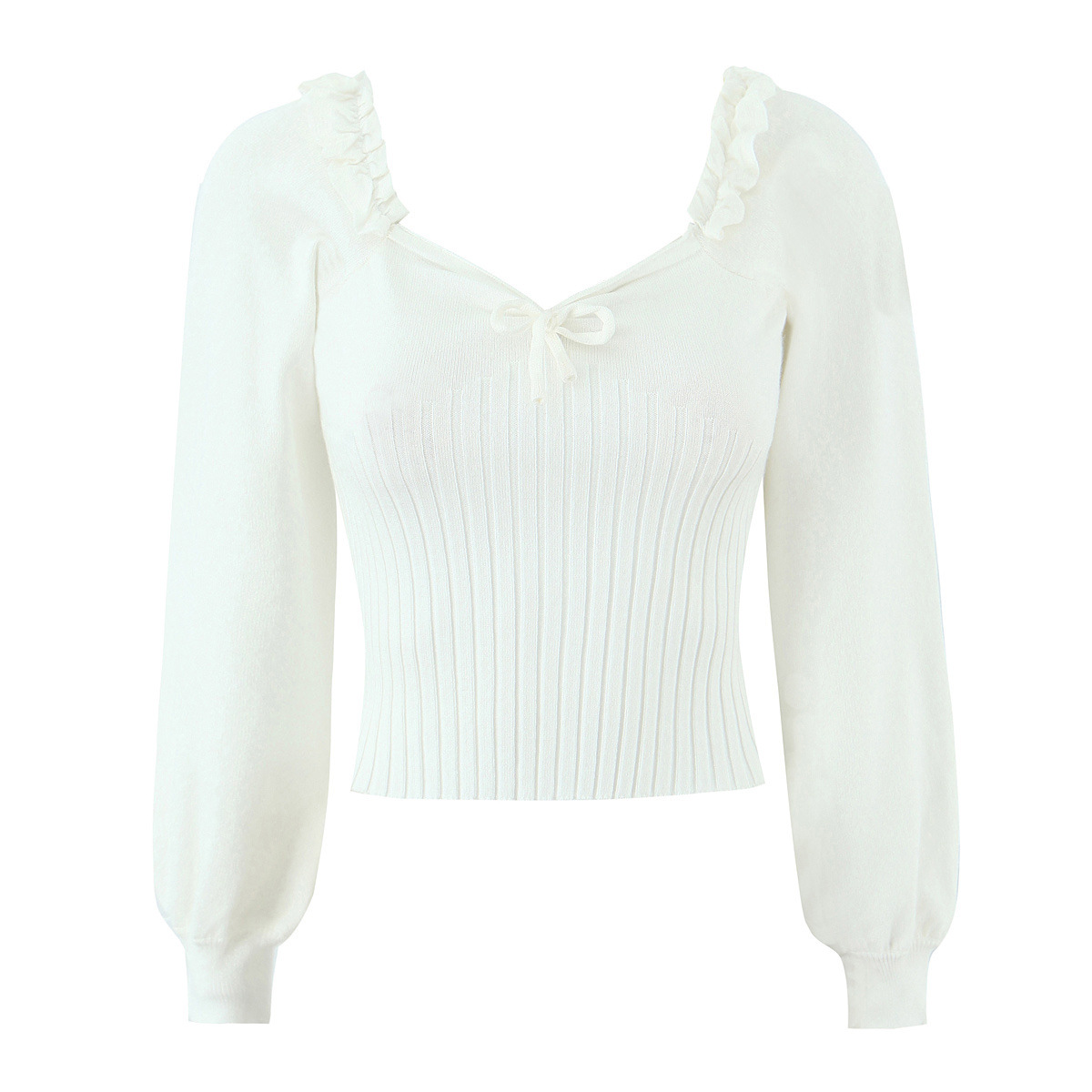 Ribbed Knit Top - Women's Tie-Front Ruffle Trim Sweater KUN-00095