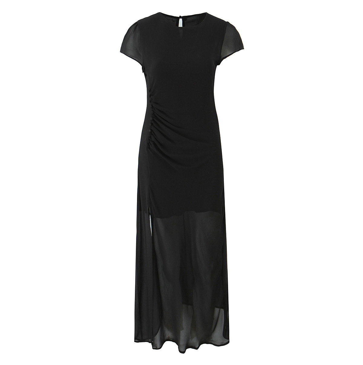 Damen-Midikleid mit Raffung, Knopfleiste, Schlitz und Volantärmeln KUN-00056