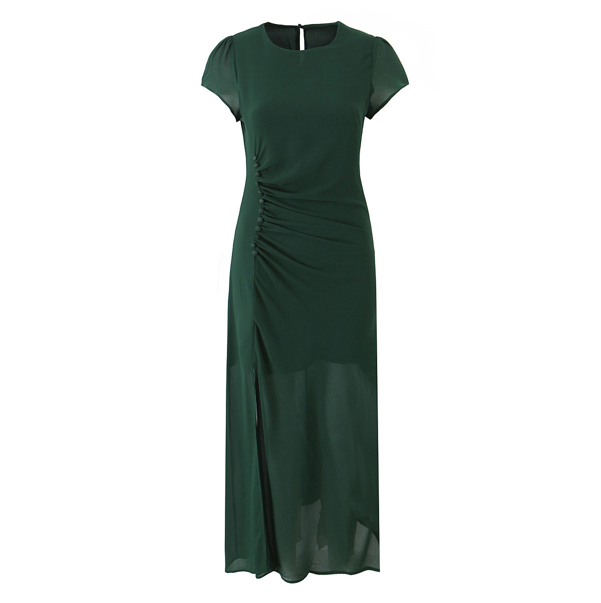 Damen-Midikleid mit Raffung, Knopfleiste, Schlitz und Volantärmeln KUN-00056