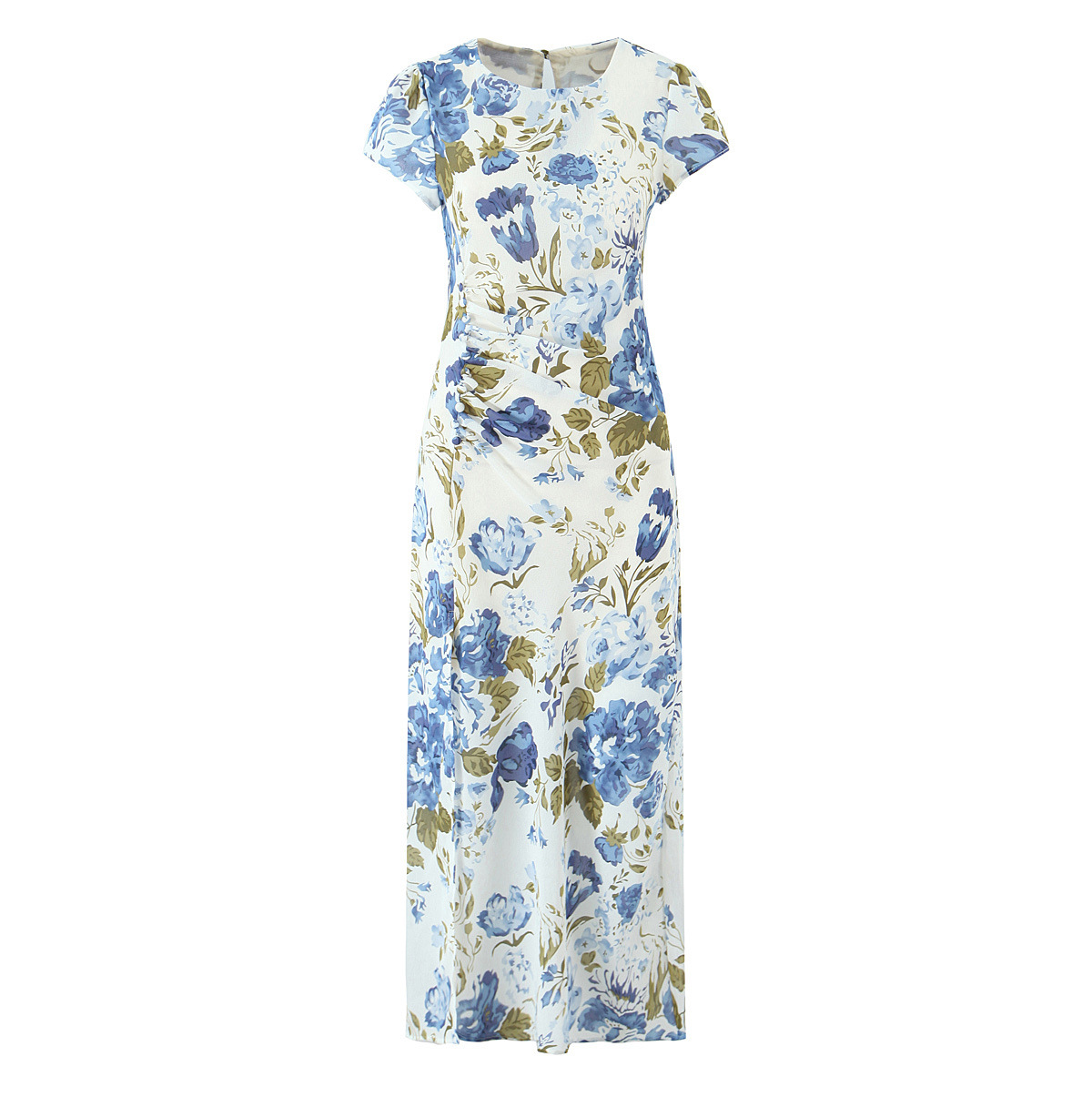 Damen-Midikleid mit Raffung, Knopfleiste, Schlitz und Volantärmeln KUN-00056